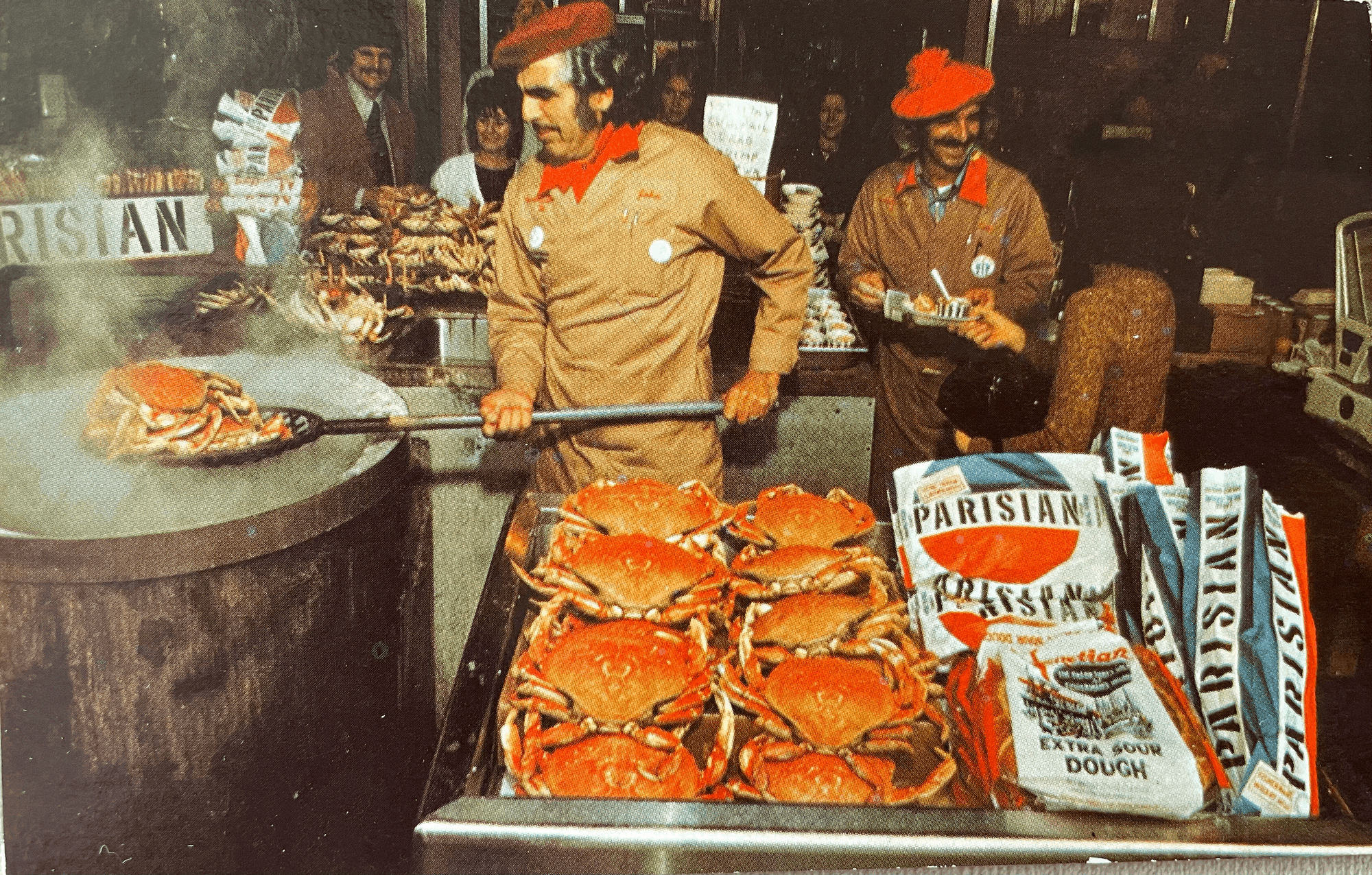 Dungeness crabs at Fisherman's Wharf San Francisco vintage postcard Parisian sourdough bread 