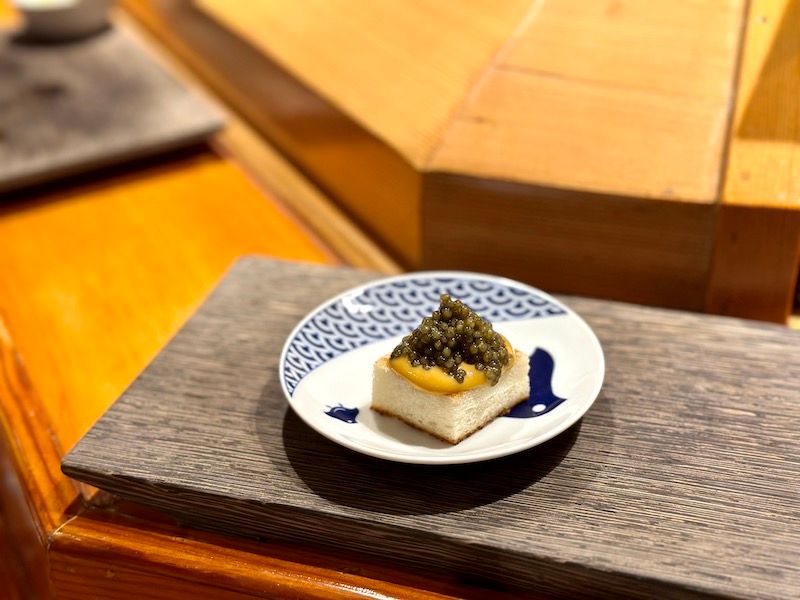 Uni toast with golden osetra caviar on housemade shokupan at Hamano noe valley san francisco