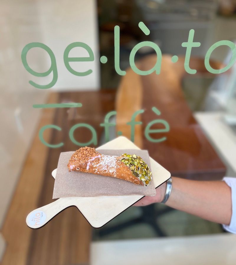 Gelato in a cannolo with pistachio and croccante all’amarena (crispy amarena chocolate chips) at Hila.