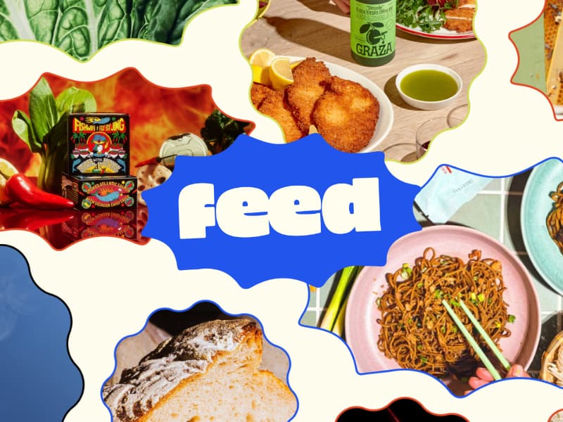 images of hot sauce, olive oil, noodles, bread and the Feed logo