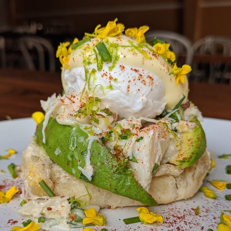 Eggs Stinson: chilled crab salad with wild bay laurel mayo, poached eggs, avocado, buttermilk English muffin, and crustacean-lime hollandaise. 