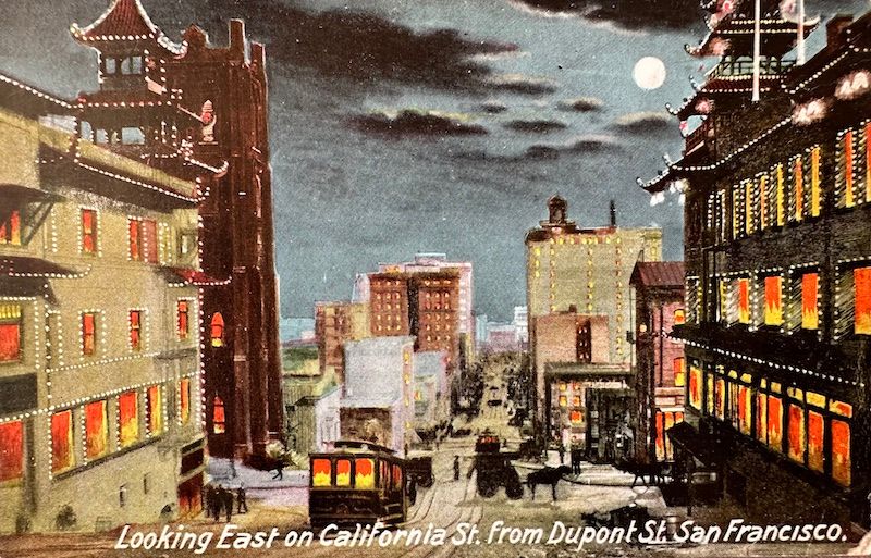 a vintage Chinatown scene with a full moon looking east on california street
