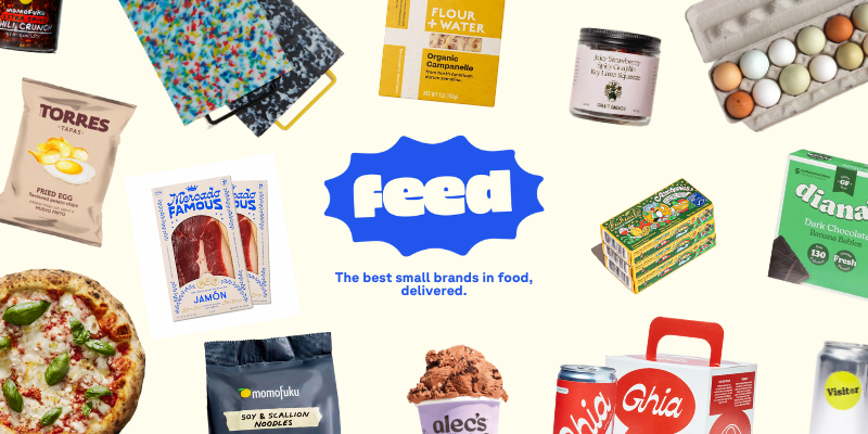 pictures of food items and the Feed logo: The best small brands in food, delivered.