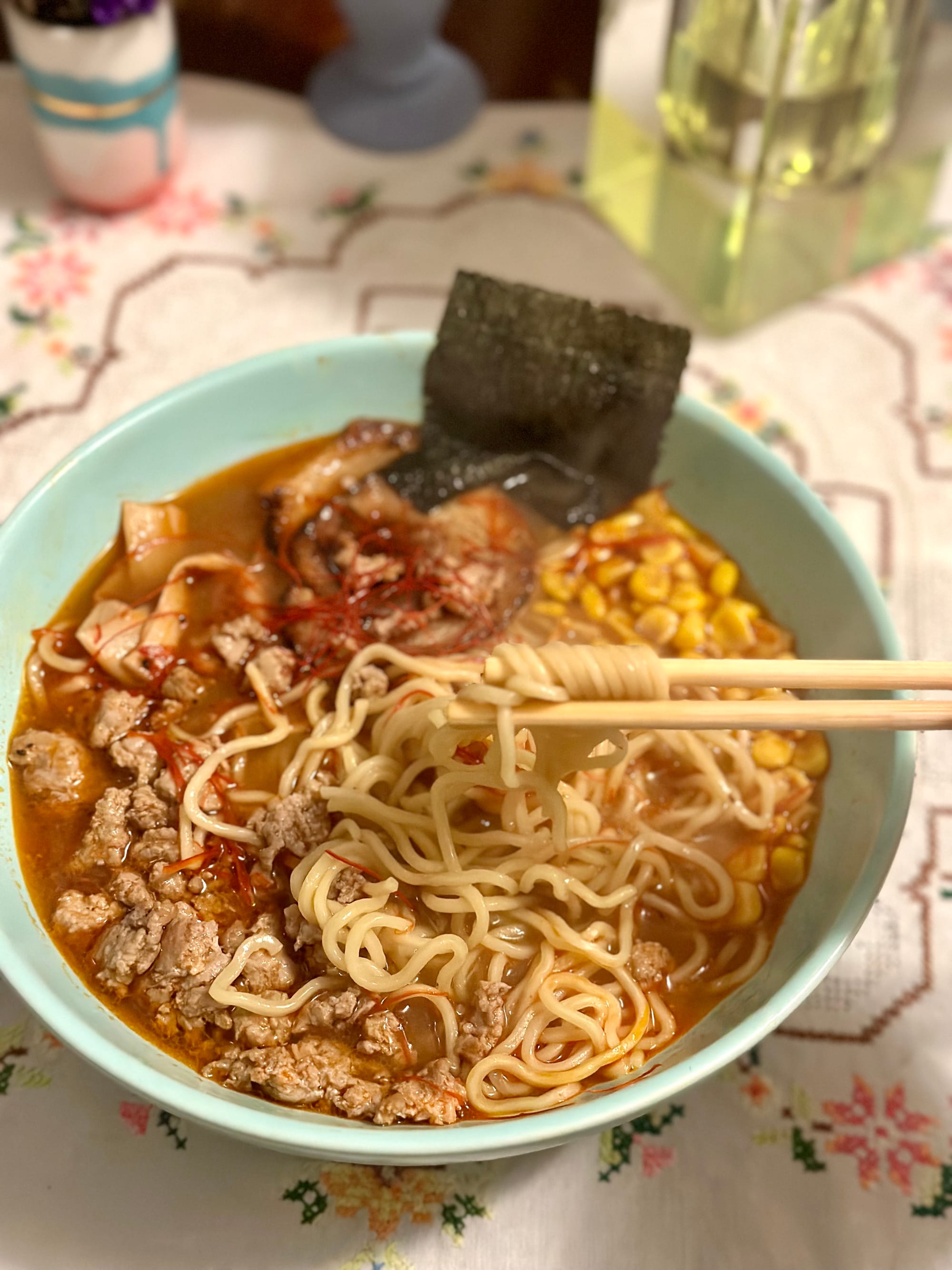blue bowl of spicy miso ramen from kenchan ramen at home