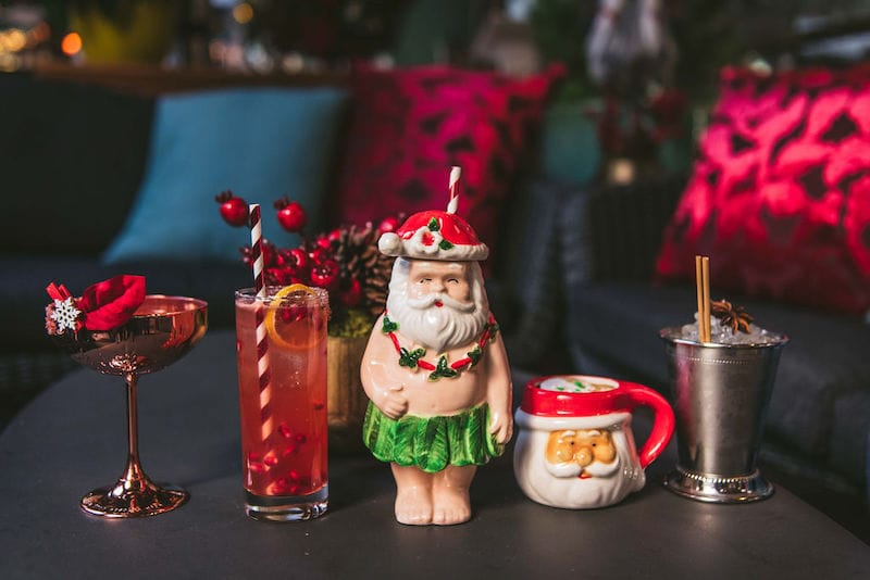 lineup of holiday cocktails at The Vault Garden’s Winter Wonderland