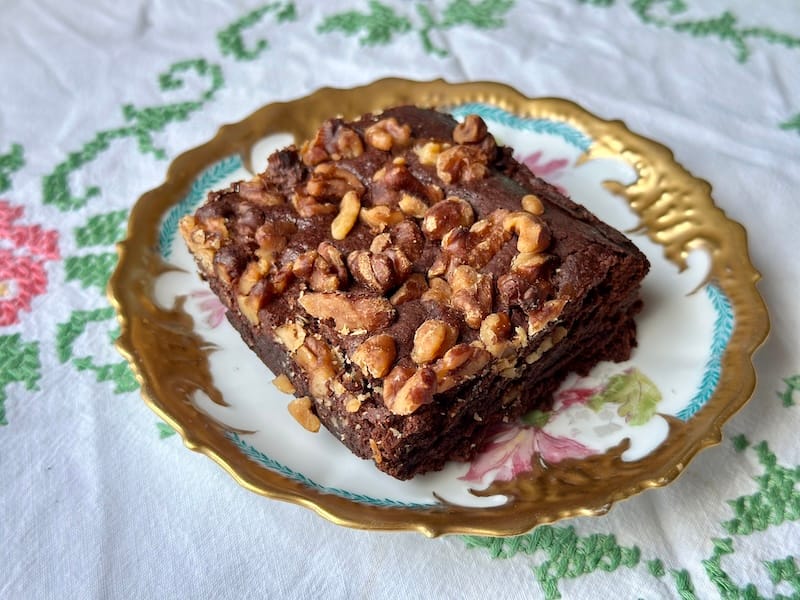 Walnut brownie on a limoges plate