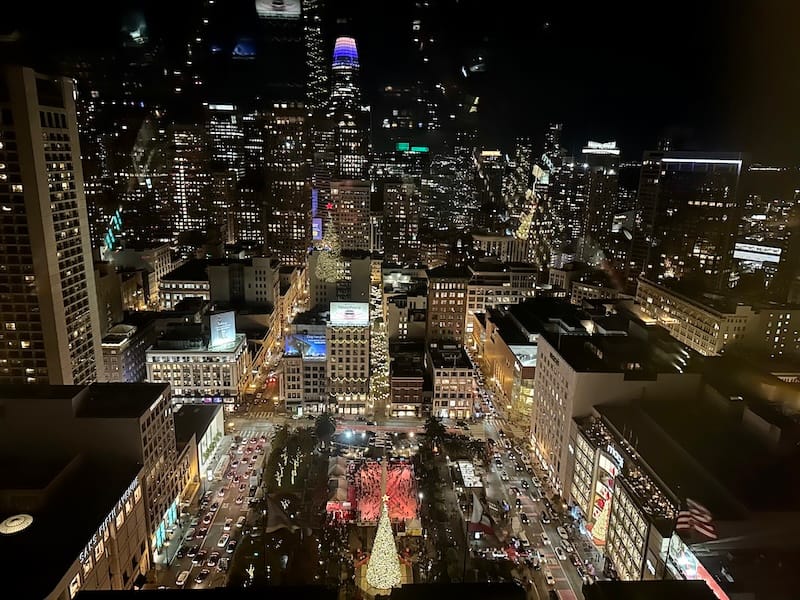 Holiday view of Union Square from the st. francis elevator