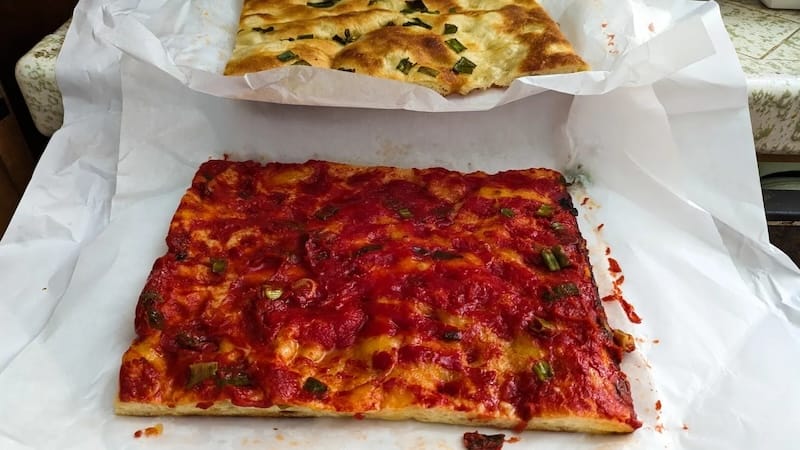 Classic focaccia from Liguria Bakery tomato and scallion