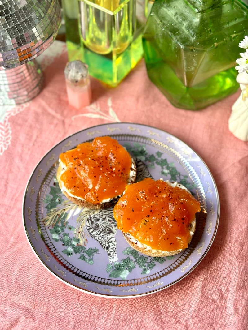 The last persimmon from my father’s tree on a toaster muffin with cream cheese, Turkish chile, and olio nuovo, one of my favorite wintertime breakfasts