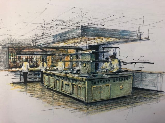 Illustration of the Molteni Range and open pass into the bar and dining area. Illustration by project architect Larry Henry.