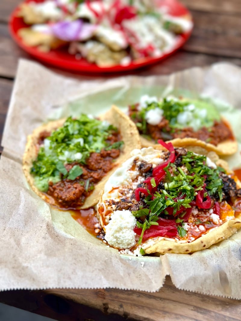 Did you know Tacos Oscar in Oakland serves weekend brunch on their patio? Taco de huevo with a fried egg, salsa macha, queso fresco, pickled onion, and cilantro, on a cloud-like tortilla.