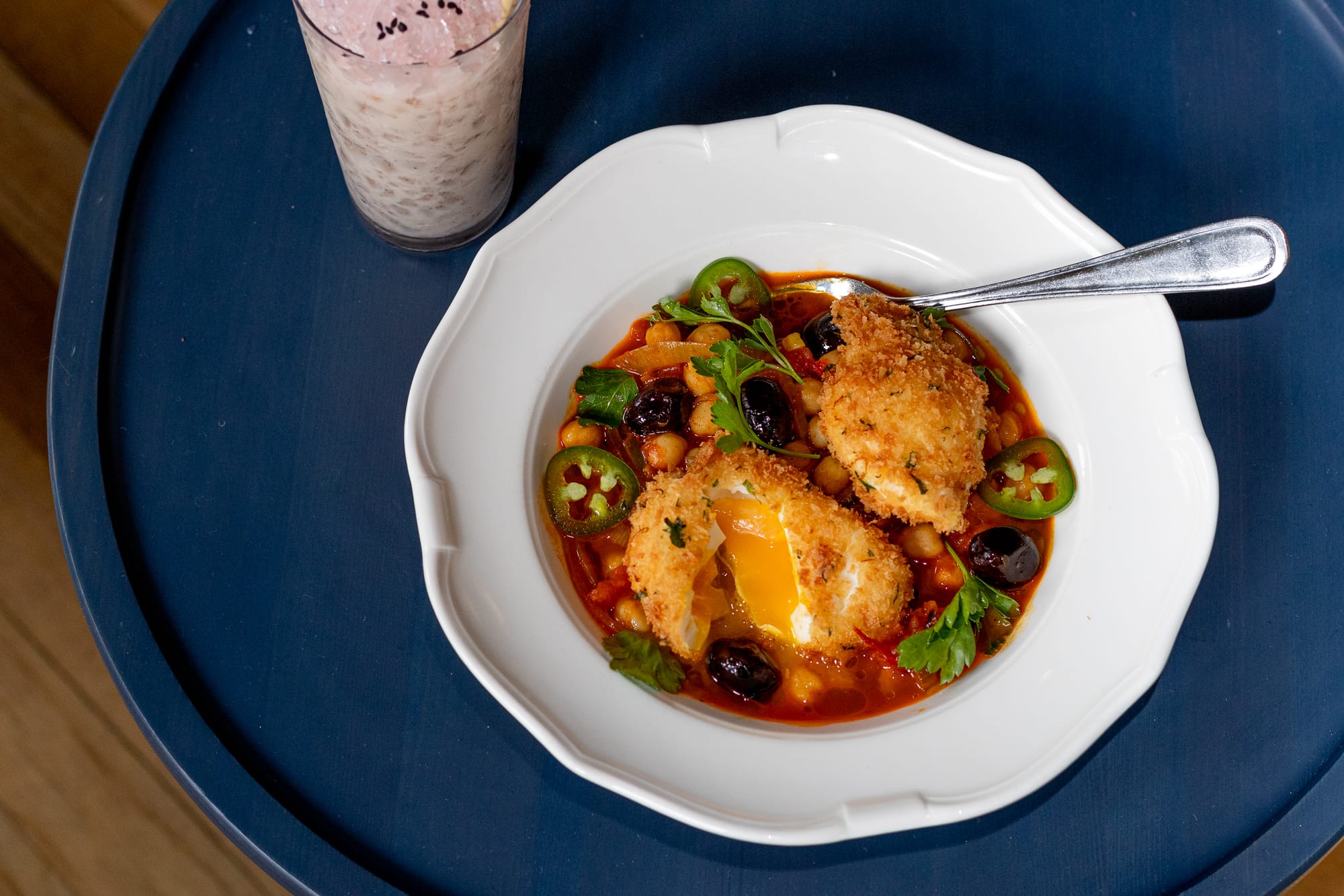 The chicken fried eggs (with chickpea tagine, black olives, tarragon yogurt, chubby pita) on the new brunch menu at Dalida. Photo: Isabel Baer.