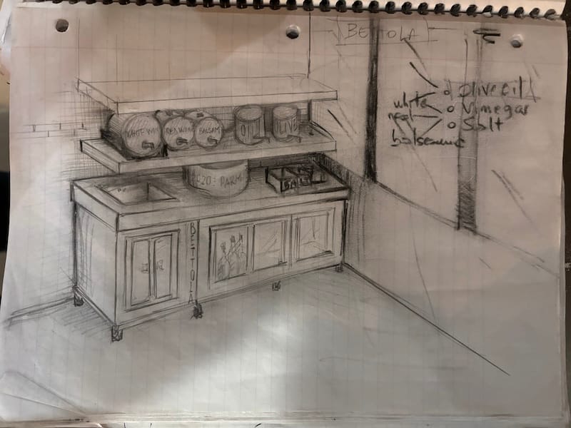 A sketch of the Vini e Oli shop at Bettola. Courtesy of Gianluca Legrottaglie.
