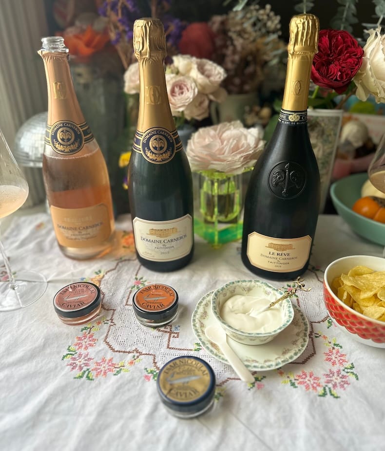 A dream tasting at home of Domaine Carneros sparkling wines paired with Tsar Nicoulai caviar. Photo: © tablehopper.com.
