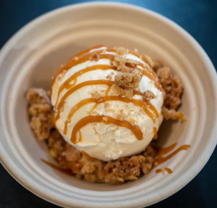 You can get a scoop of the Apple Cider Caramel ice cream, or a sundae with apple cider caramel drizzle and Three Babes Bakeshop crumble. Photo: Don Bowden.