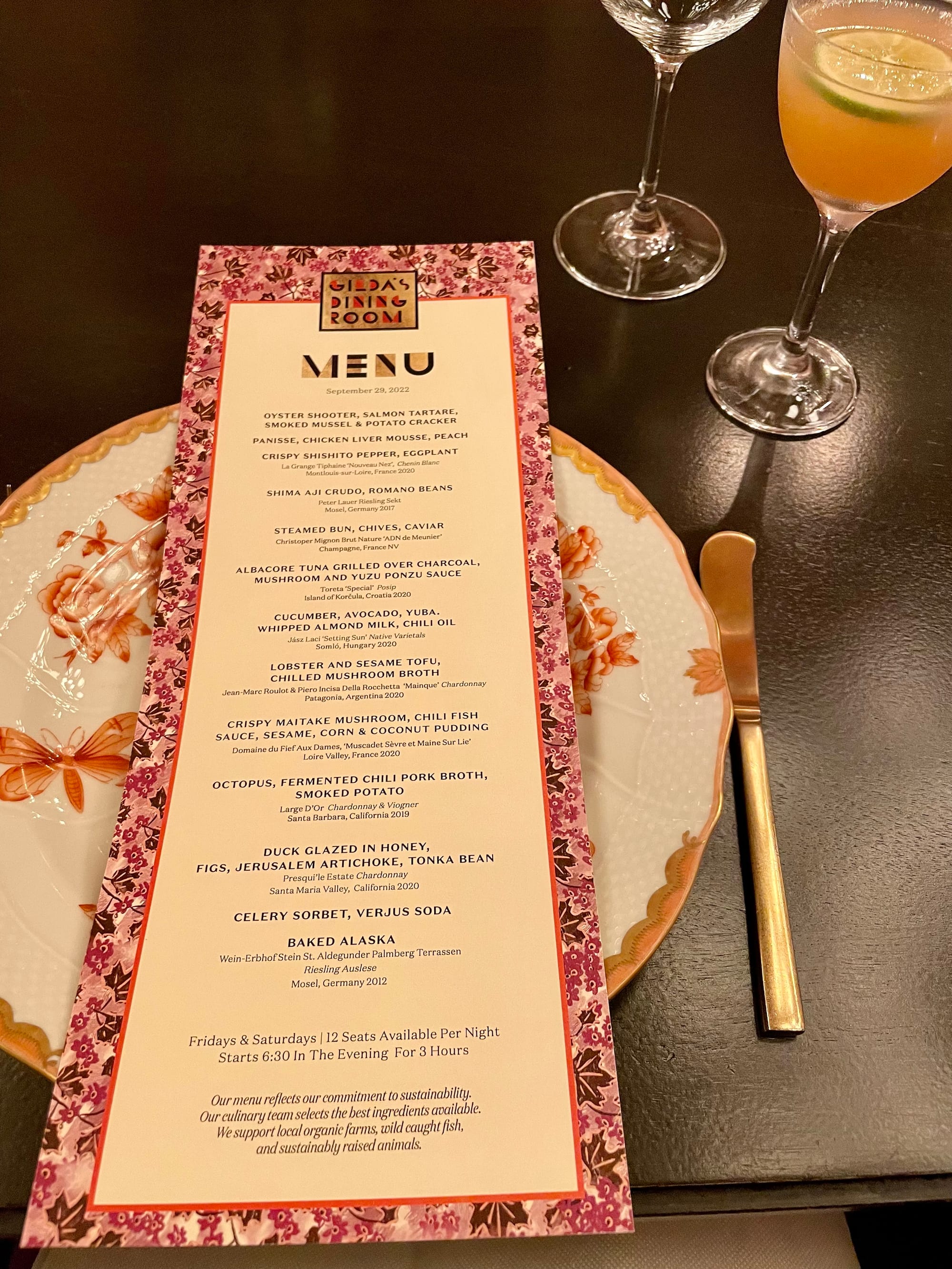 The menu from the preview dinner in 2022. Photo: © tablehopper.com.