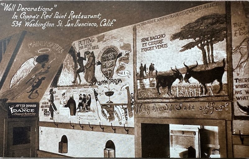 “Wall Decorations” in Coppa’s Red Paint Restaurant, 534 Washington St. San Francisco, Calif. From the tablehopper vintage postcard collection.
