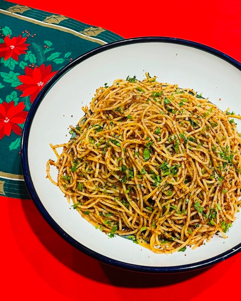 I live for our family’s annual Christmas Eve dish: anchovy-breadcrumb spaghetti. Photo: © tablehopper.com.