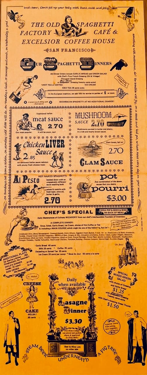 A menu from The Old Spaghetti Factory Café. Image courtesy of Victor Pichardo.