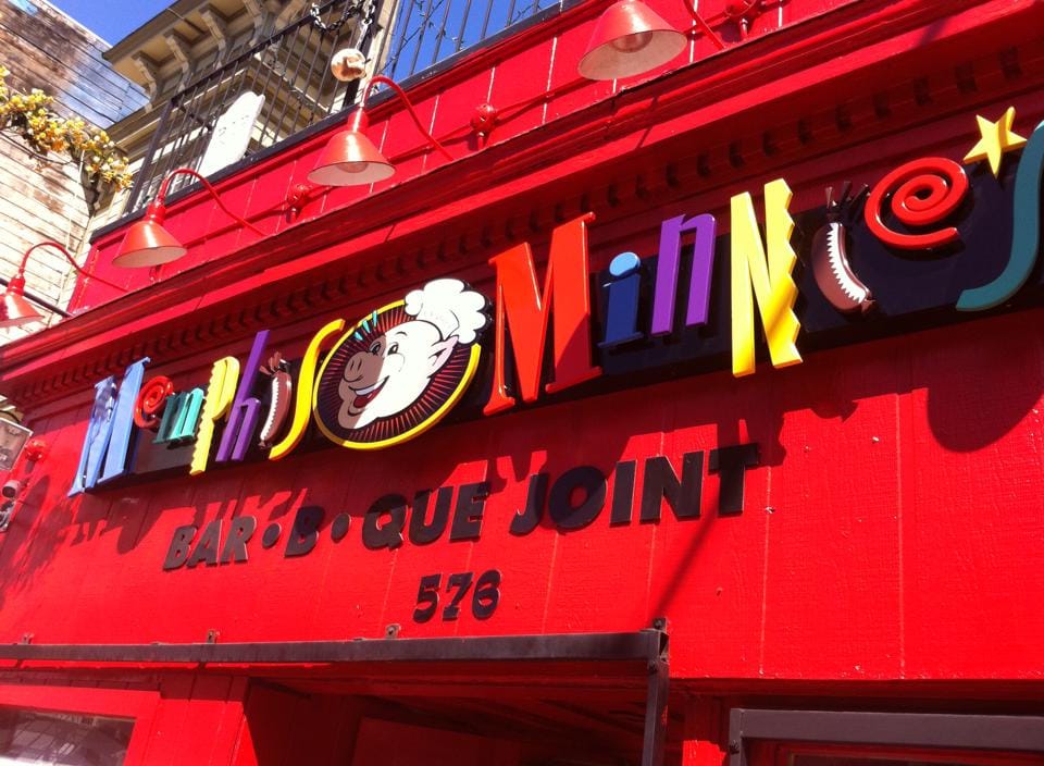 Design lovers will recognize the Memphis style used for the signage—clever! Photo via Memphis Minnie’s Facebook page.